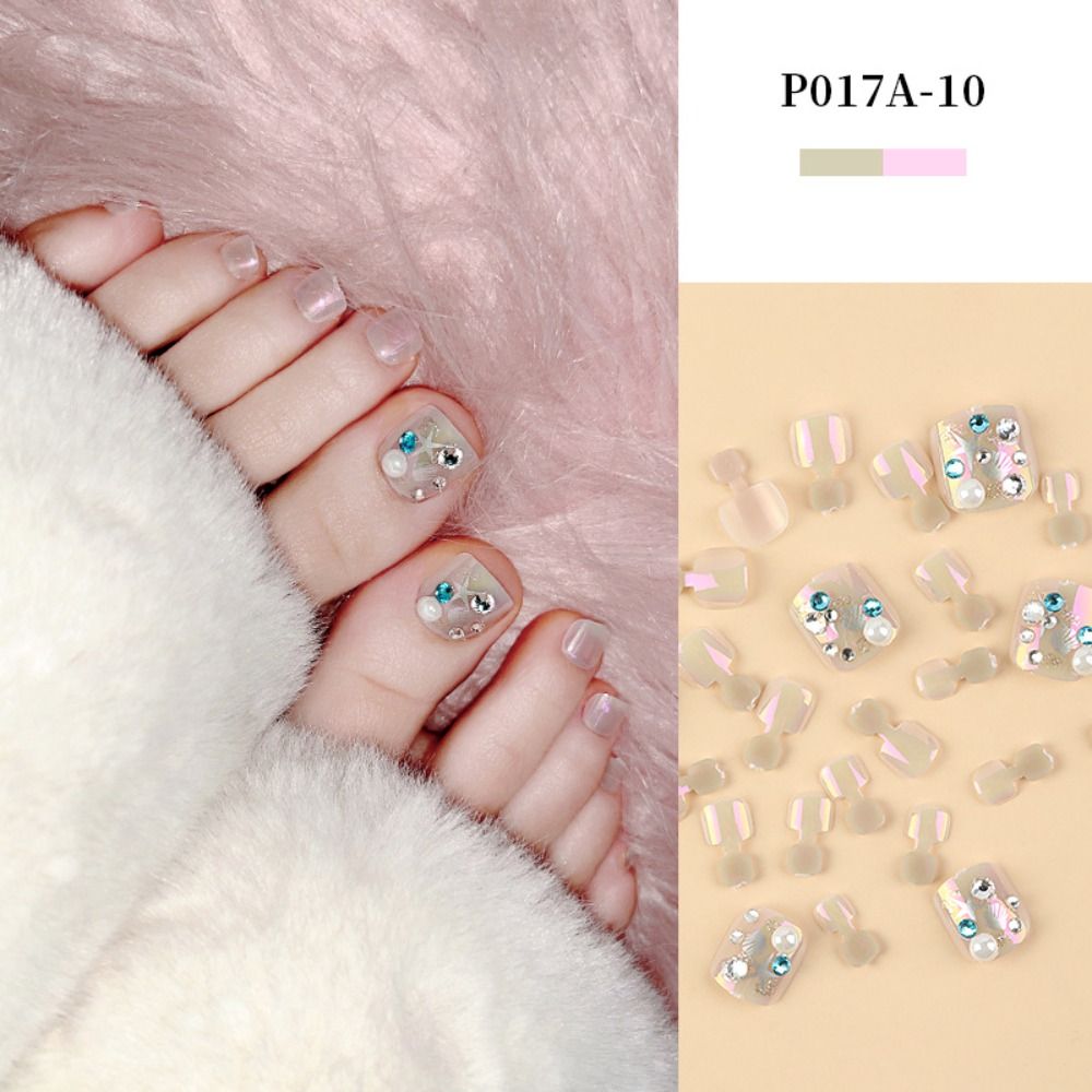 Artificial Toenails Glitter Rhinestones Sequins Fake Toenails Full Cover Short Square Toe Nails Foot Nails Tips for Women Girls