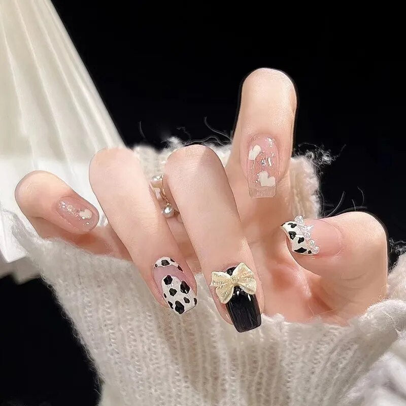 24pcs Wearable korean press on nails short ballet Artificial Nails with glue Cute sweet cool Pearl diamond Designs Fake Nails