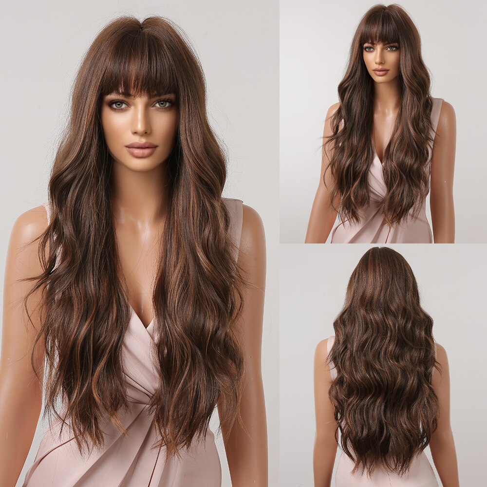 Brown Mixed Blonde Synthetic Wigs with Bang Long Natural Wavy Hair Wig for Women Daily Cosplay Use Heat Resistant