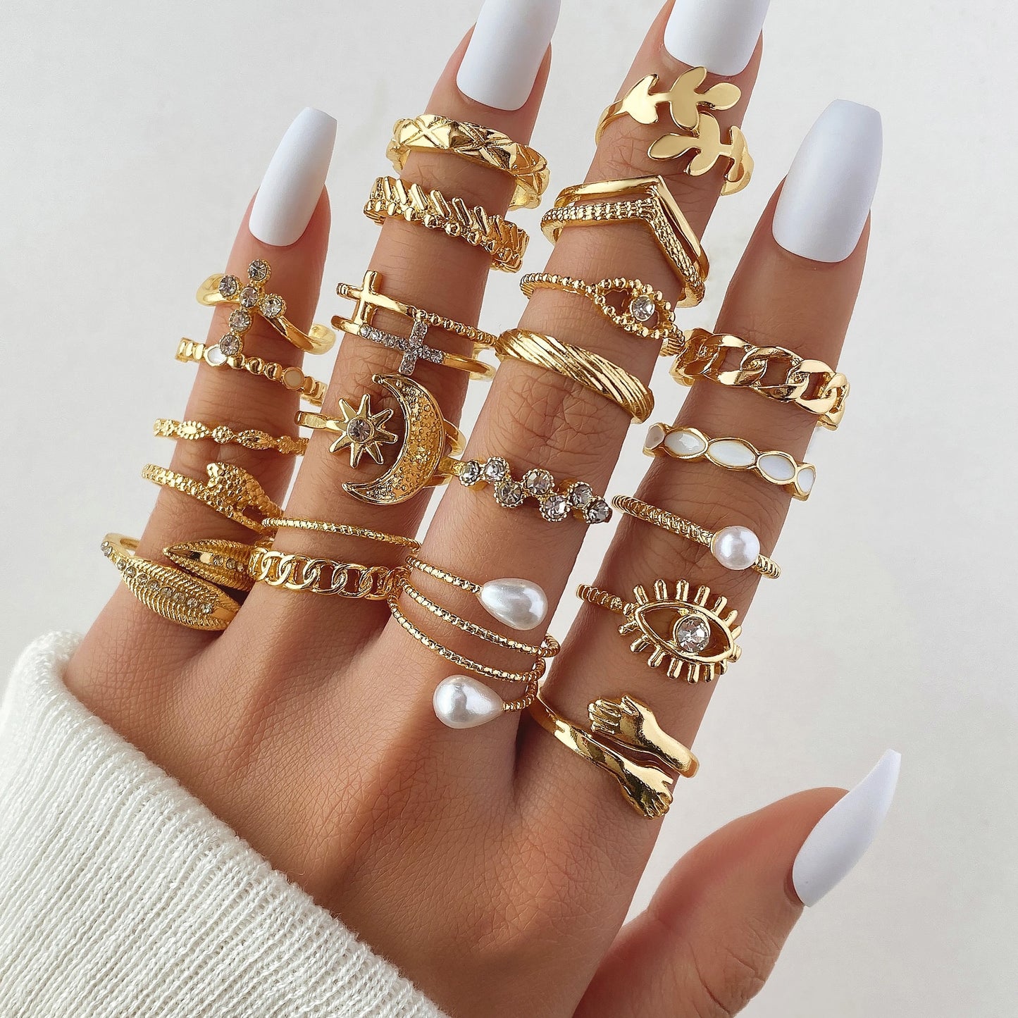 23pcs Hiphop Gold Color Geometric Wheat Rings Set For Women Girls Punk Star Moon Eye Wave Finger Rings Jewelry Party