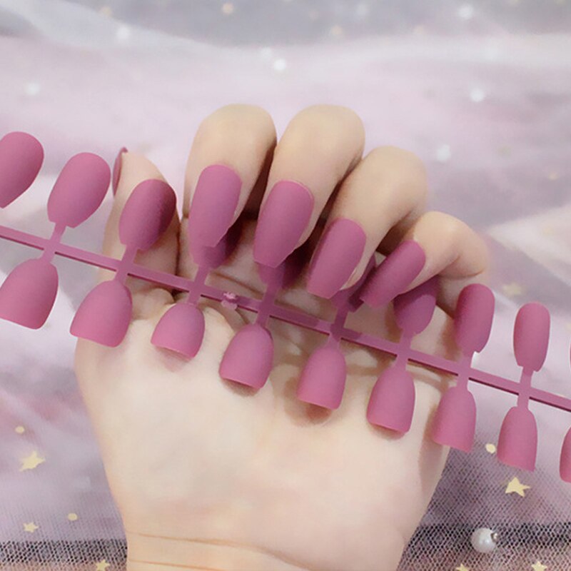 24Pcs/Sheet Matte Fake Nails Full Cover Ballet Fake Nail Elegant Solid Color Long Coffin False Nails Art Artificial Fingernails