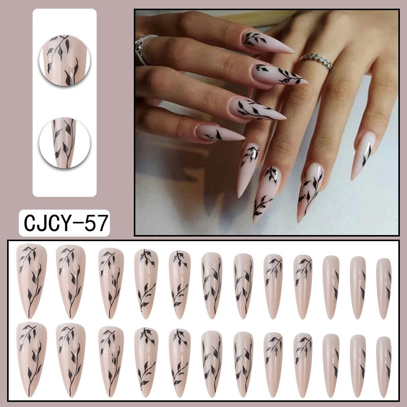 24pcs Long Stiletto False Nails Flower Tree Wearable French Fake Nails Press On Nails Leopard print Design Manicure Tips