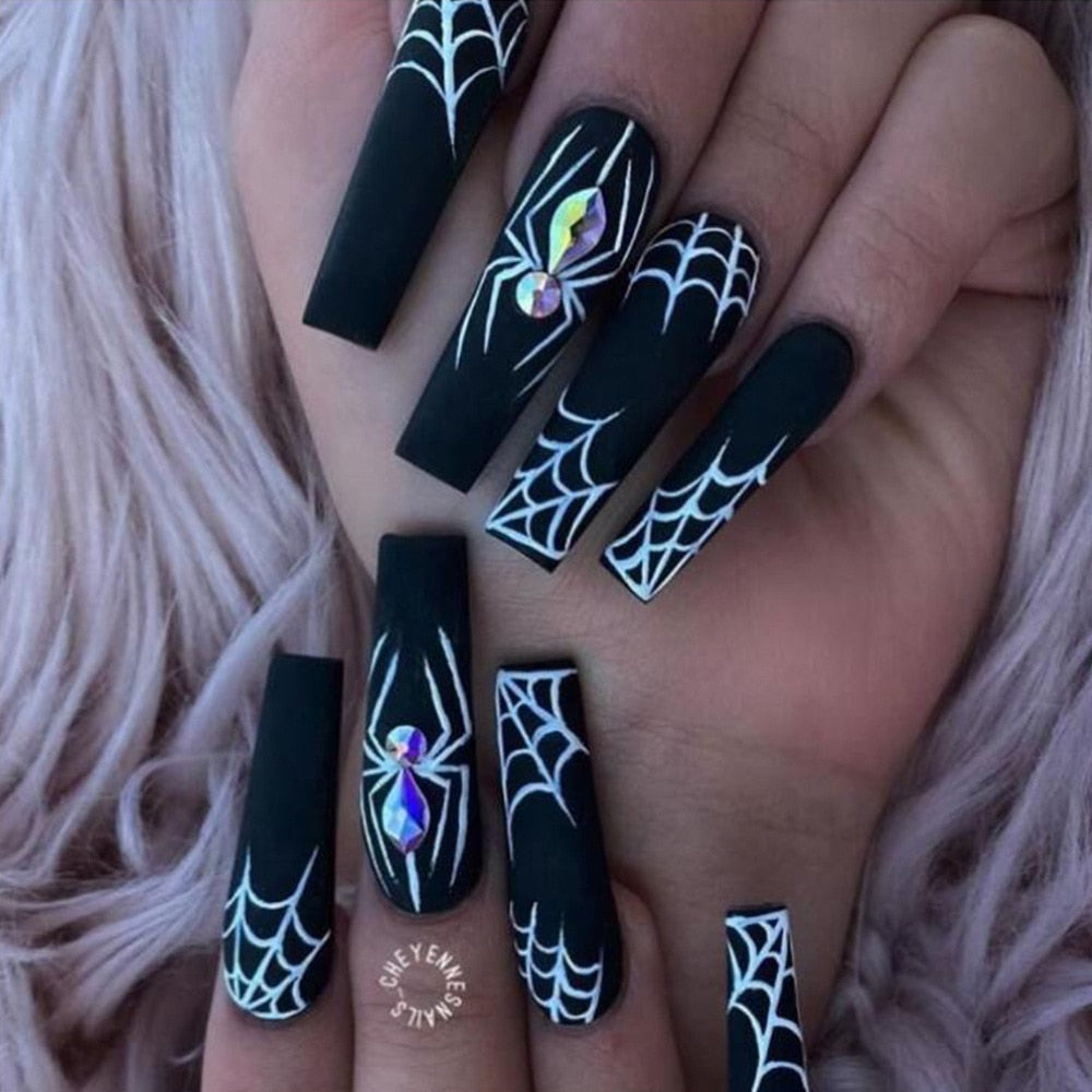 24Pcs Halloween Black Ghost Long Ballet False Nails With Heart Blood Design Halloween Press On Nails Detachable Full Cover Nails