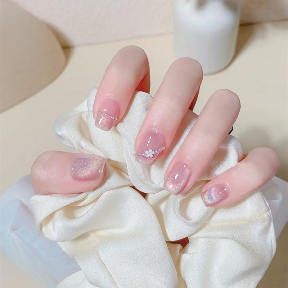 24pcs removeable short fake nails with glue Nude Pink artificial false nails with diamond designs acrylic press on nails