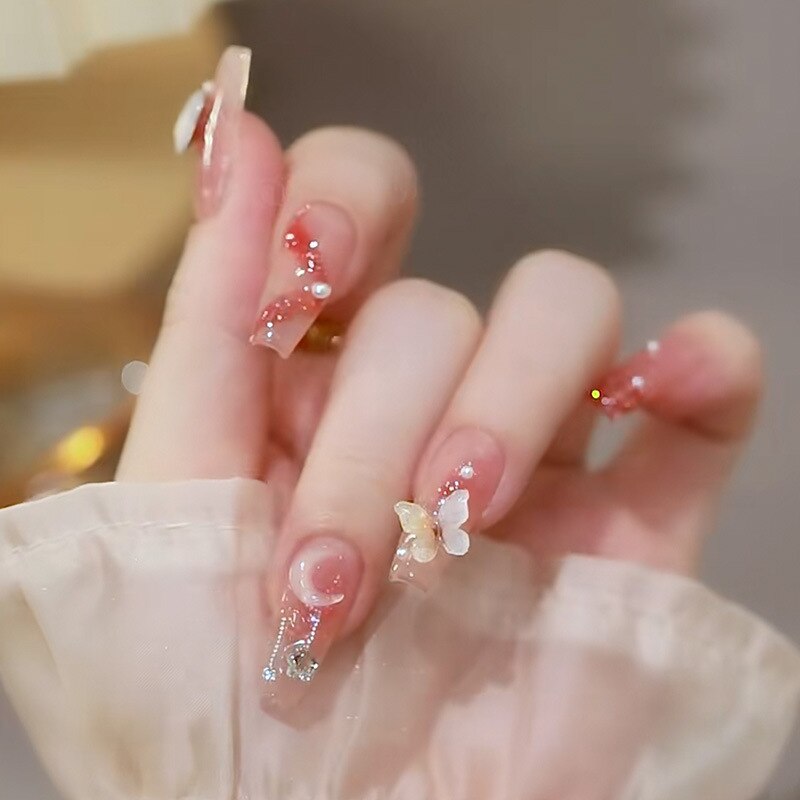 24Pcs Ballerina Long Square Nail Tips False Nails Wearable Fake Nails Butterfly Camellia Flower Pearl Design Press on Nails