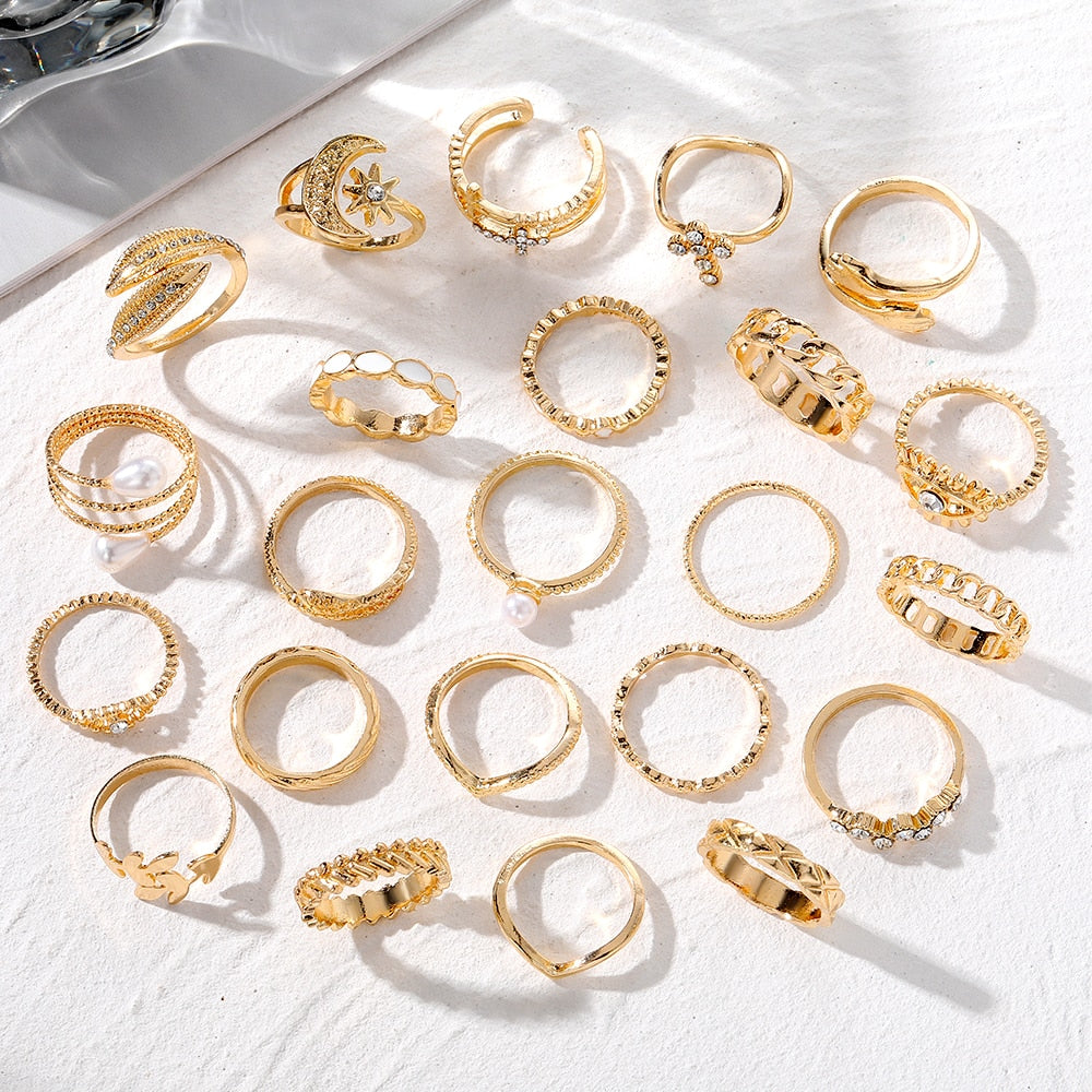 23pcs Hiphop Gold Color Geometric Wheat Rings Set For Women Girls Punk Star Moon Eye Wave Finger Rings Jewelry Party