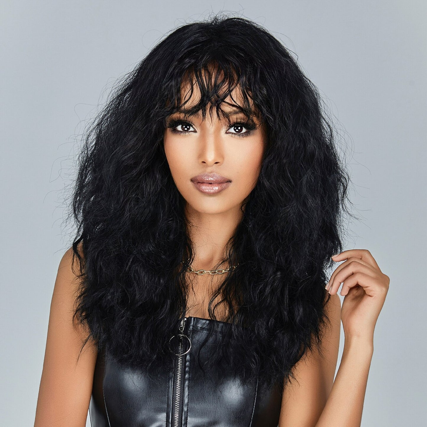 Black Curly Synthetic Wigs Natural Long Women's Wig with Bangs Deep Water Wave Bohemian Cosplay Wig For Black Women Fake Hair