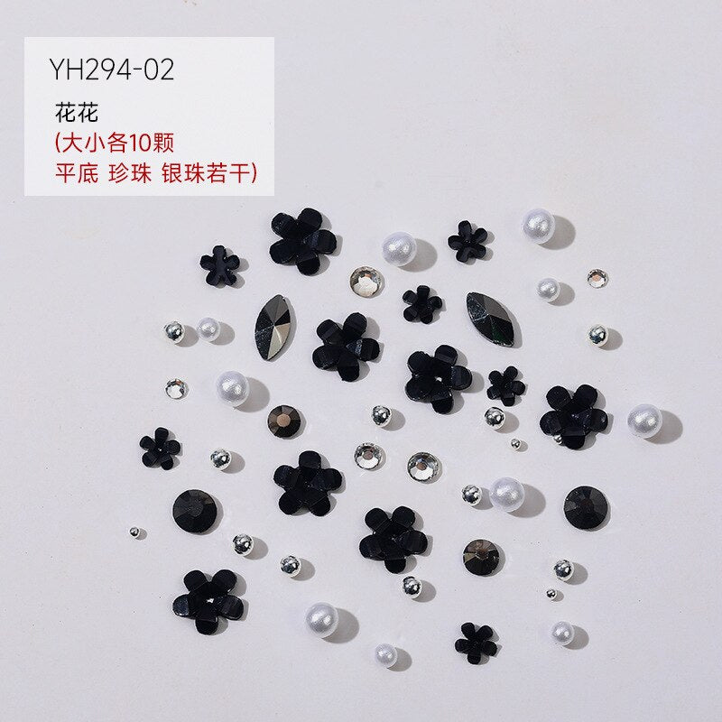 1 box Manicure Black Camellia Nail parts Butterfly Flower Mixed Pearl Jewelry Flat Shaped Diamond Dark Rose Style Nail