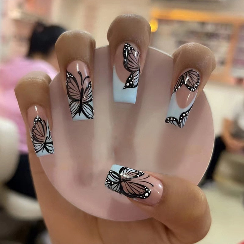 24Pcs Simple False Nails with White Edged Designs Long Ballerina Fake Nails Wearable Coffin French Nails Tips Press on Nails