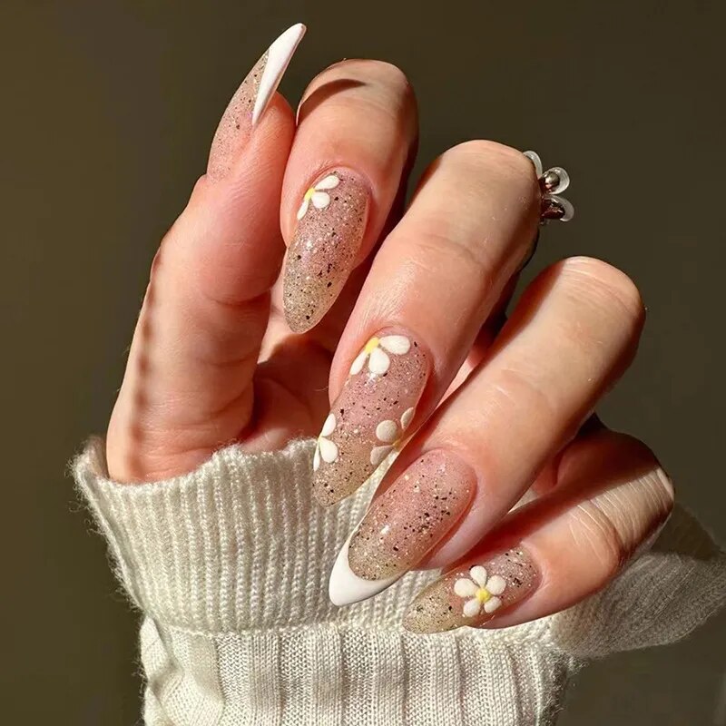 24Pcs Pink Round Head Almond Fake Nails with Heart Shape Rhinestone Wearable Ballerina False Nail Tips Full Cover Press on Nail