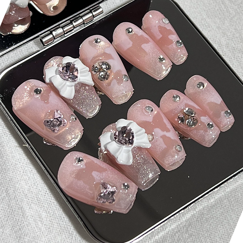 Handmade Luxury Short False Nails Art Glittery Rhinestone Press On Nail Y2K Reusable Full Cover Long Coffin Fake Nail With Glue