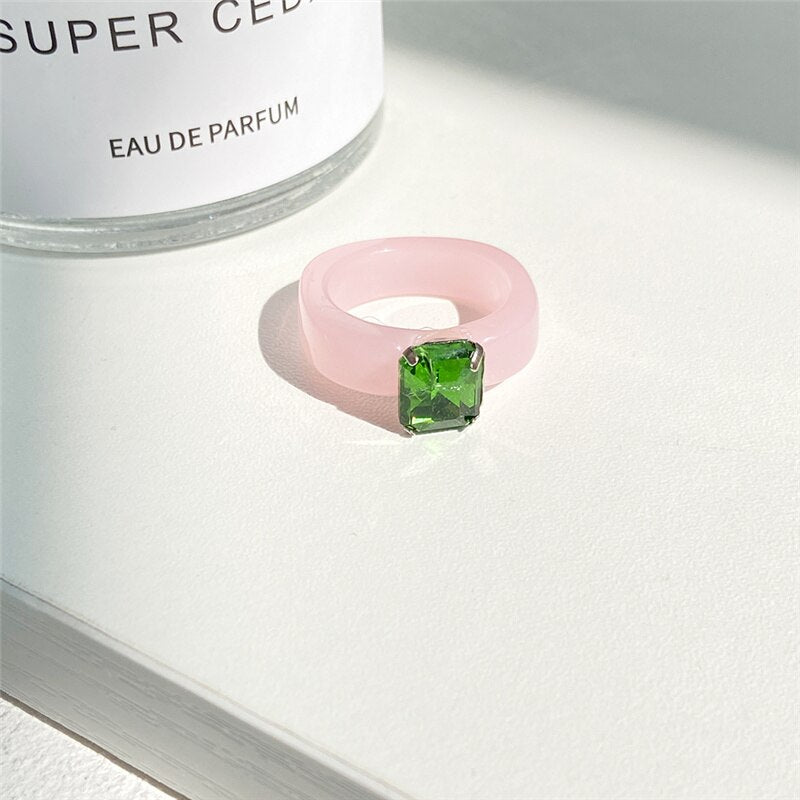 Colorful Transparent Resin Acrylic Crystal Rhinestone Simple Geometric Square Round Rings Set Jewelry