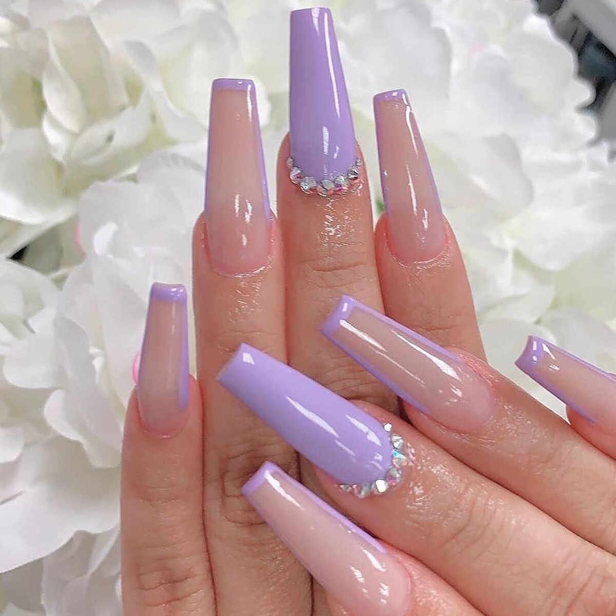 24Pcs Purple Gradient Long Ballet False Nails Flower Design with Glue French Fake Nails Wearable Coffin Press on Nails Tips