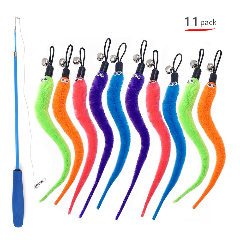 11Pcs Retractable Cat Feather Toy Set Retractable Cat Wand Toys and Replacement Teaser with Bell Refills Cat Toy for Indoor Cats