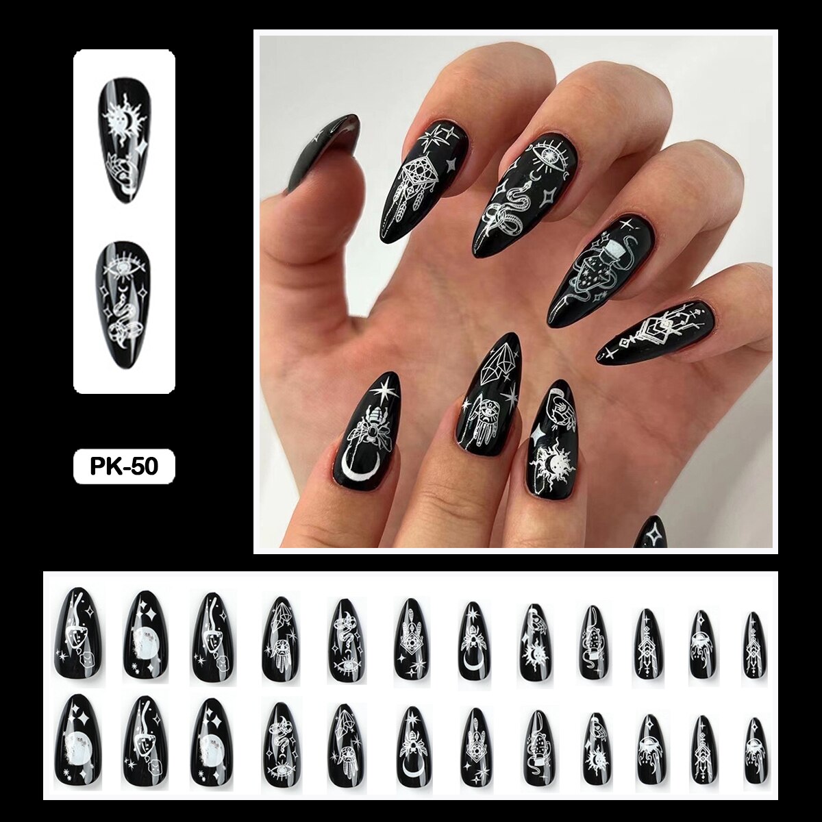 24PCS Dark Punk False Nails with Glue Gradient Long Detachable Fire Stick on Nails Skull Flame  Art DIY Fashion Manicure Tool