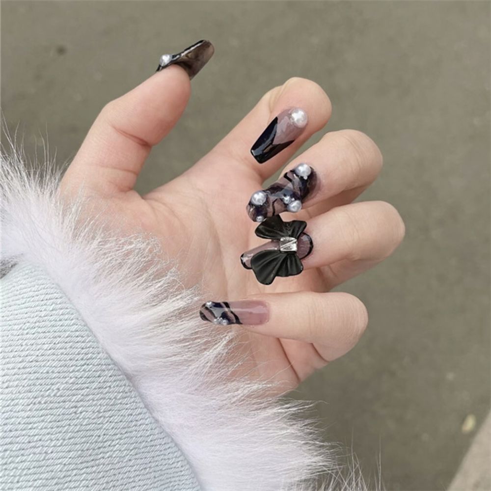 24Pcs French Coffin Pearl Bow False Nails Artificial Ballerina Fake Nails Full Cover Nail Tips Press On Nails With Press Glue