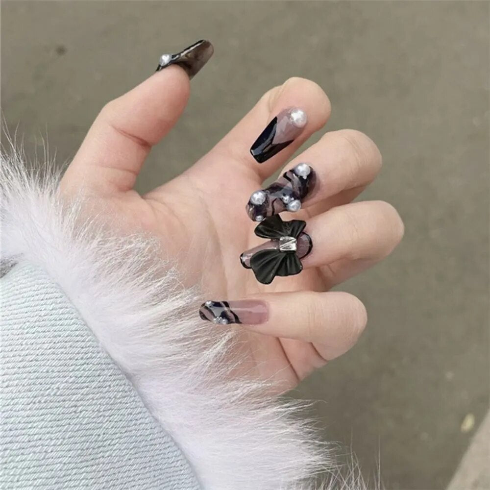 24Pcs French Coffin Pearl Bow False Nails Artificial Ballerina Fake Nails Full Cover Nail Tips Press On Nails With Press Glue