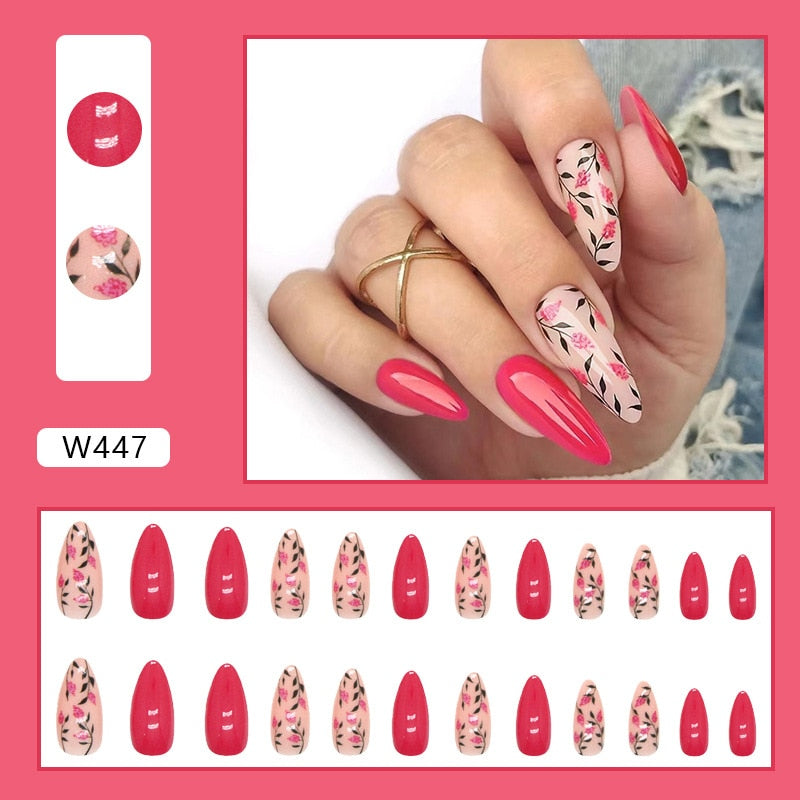 24pcs Long Stiletto False Nails Flower Tree Wearable French Fake Nails Press On Nails Leopard print Design Manicure Tips