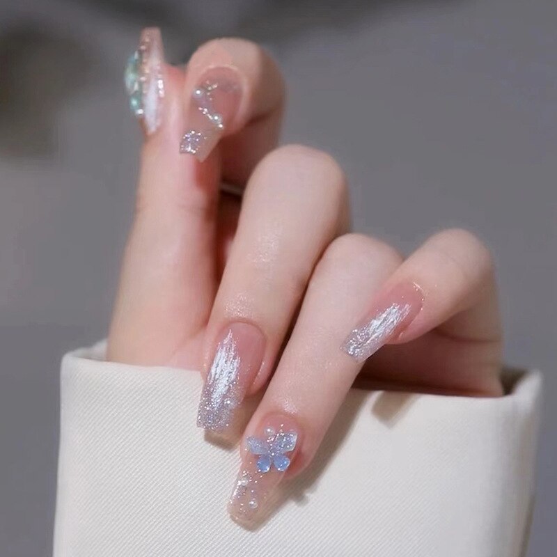 24Pcs False Nails with Glue Long Ballet Rhinestone Crystal Butterfly Fake Nails Flower Design Wearable Press On Nail Tips