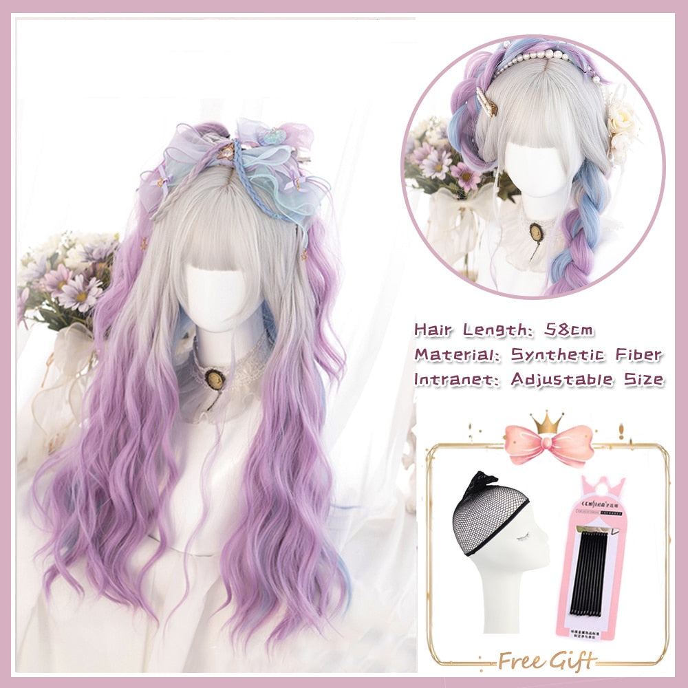 Cosplay Purple Blue High Gloss Bangs Synthetic Long Curly Hair Wig Lolita Women Heat-resistant Wig