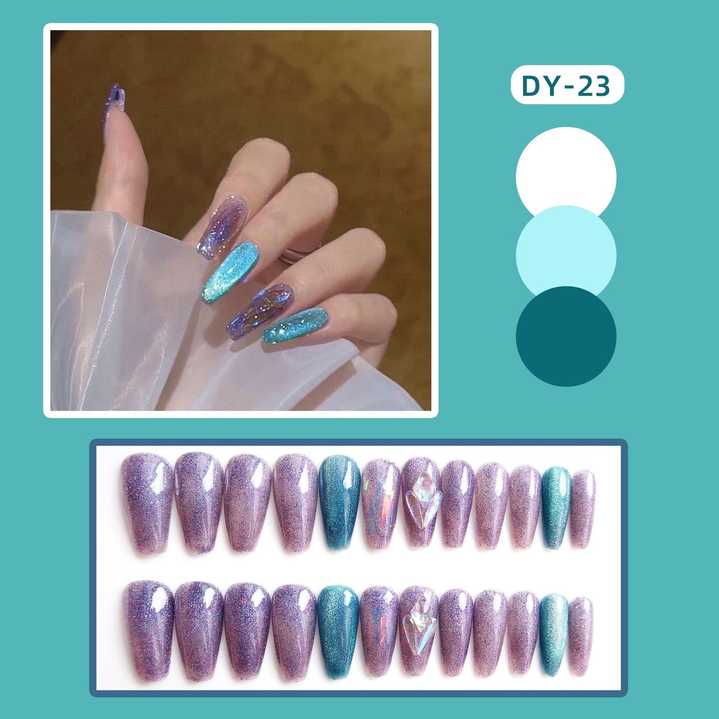 24pcs Cat Eye False Nail Sky Blue Color Fake Nail Tips Full Cover Fashion Nail Art Short Style Press on Nail Manicure Nail Tips