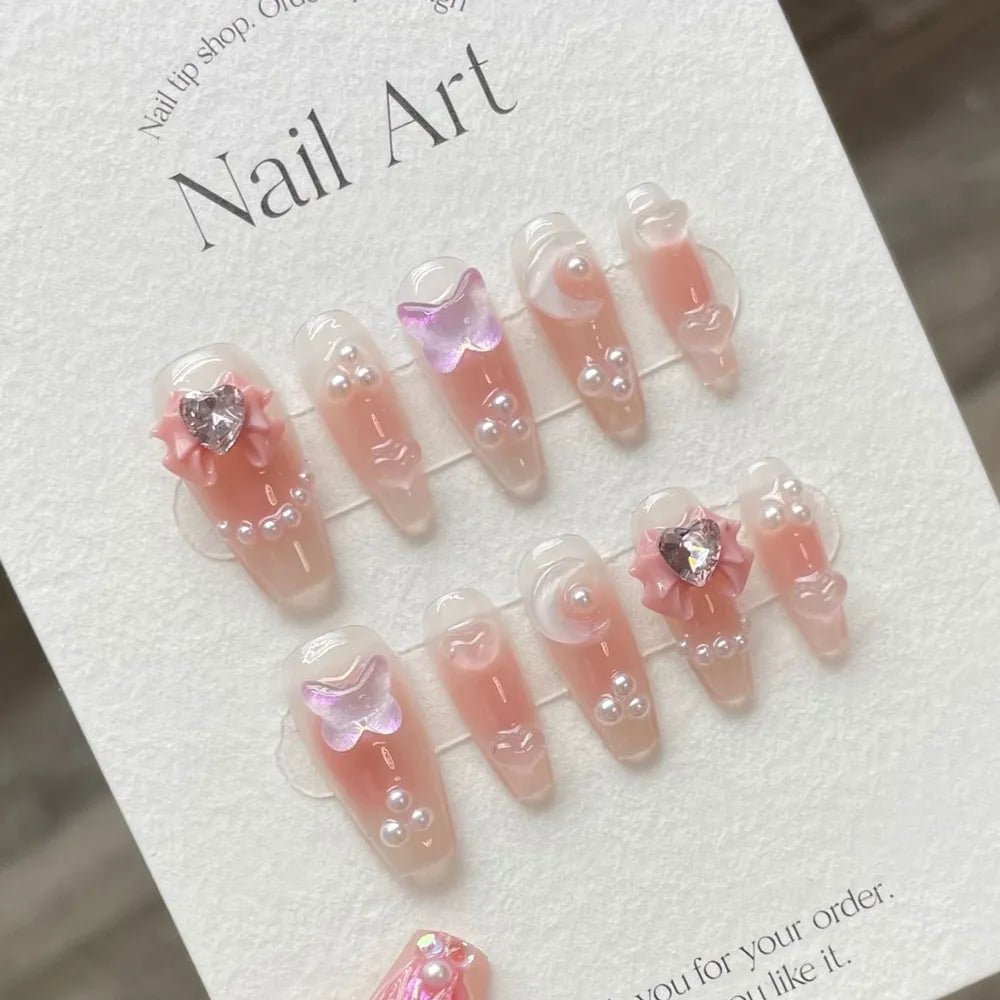 Handmade Pink Press on Nails Long Korean Design Reusable Adhesive False Nails with Charms Full Cover Nail Tips Manicure