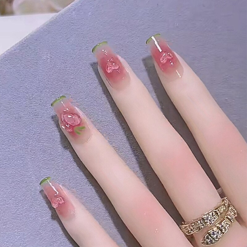 Fake Nails Sets Press on Ballet False Nails with Flower Designs Removable Acrylic Artificial Nails Glitter Nails Art Long Tips