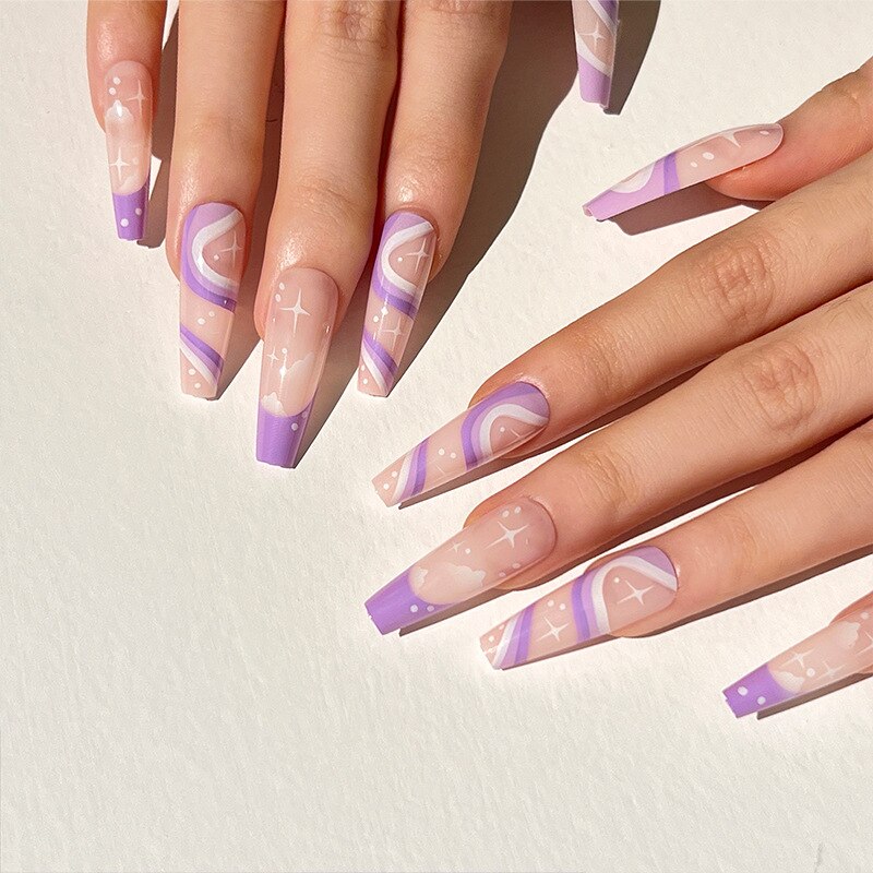 24Pcs Purple Gradient Long Ballet False Nails Flower Design with Glue French Fake Nails Wearable Coffin Press on Nails Tips