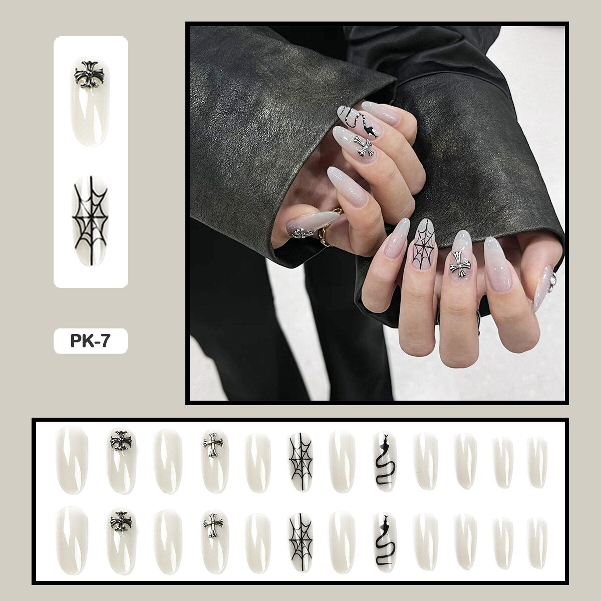 24PCS Dark Punk False Nails with Glue Gradient Long Detachable Fire Stick on Nails Skull Flame  Art DIY Fashion Manicure Tool