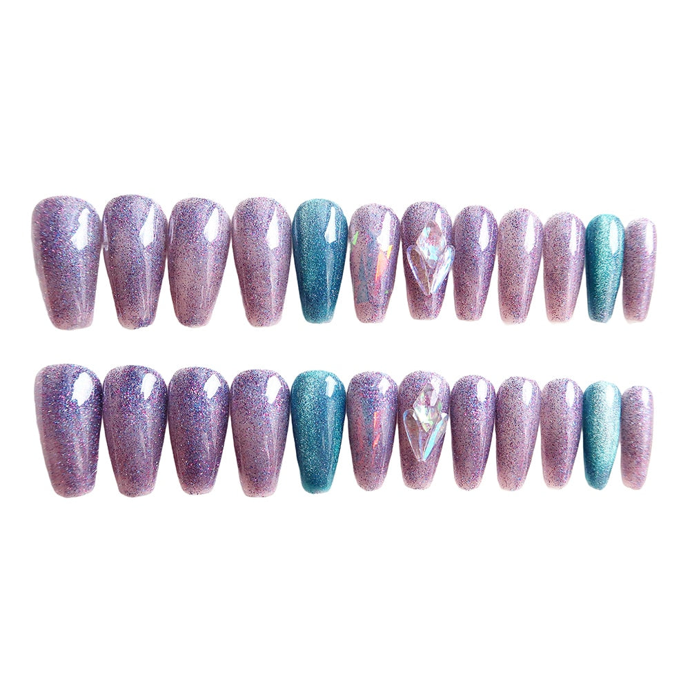 24pcs Shiny Crystal Ballerina Press on Nail Cat Eye False Nail Patch Full Finished Purple Blue Glitter Wearable Manicure Tips