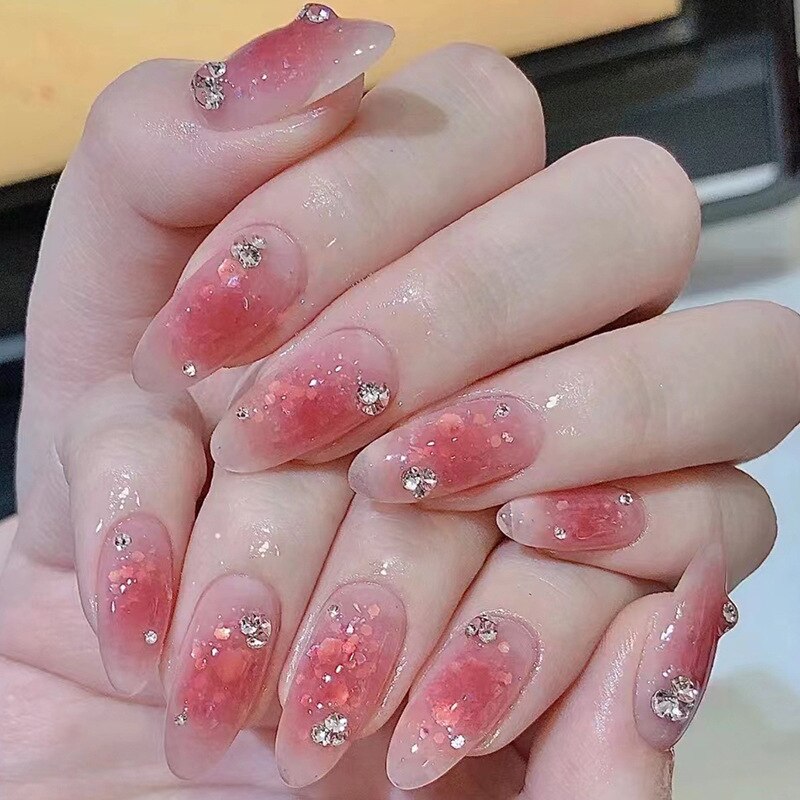 Fake Nails Sets Press on Ballet False Nails with Flower Designs Removable Acrylic Artificial Nails Glitter Nails Art Long Tips