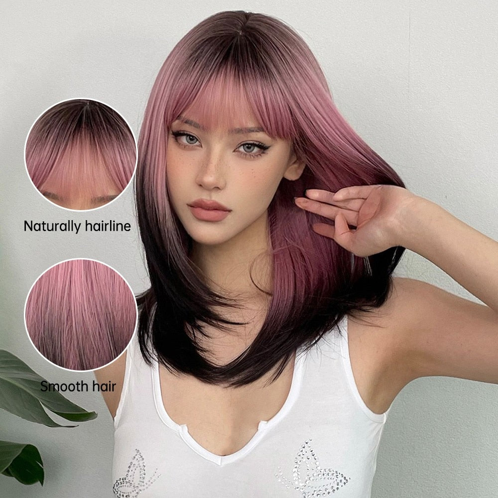 Black Pink Ombre Synthetic Wigs for Cosplay Long Straight Layered Wigs with Bangs for Women Heat Resistant Fake Hair