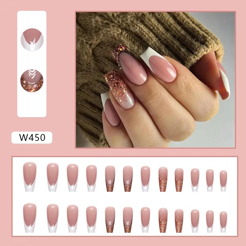 24Pcs Long Coffin False Nails Gold Glitter Sequins Designs Press On Full Cover Fake Nails Tips Wearable Manicure Art