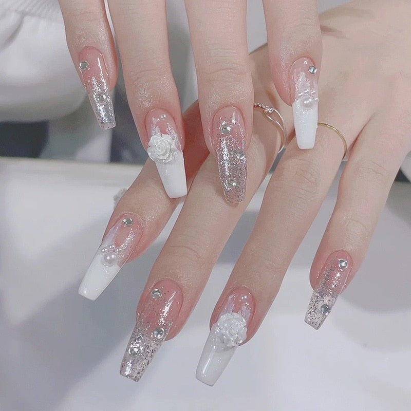 24pcs removeable y2k false nails with heart designs full cover french fake nail patch acrylic press on nails stick on white nail