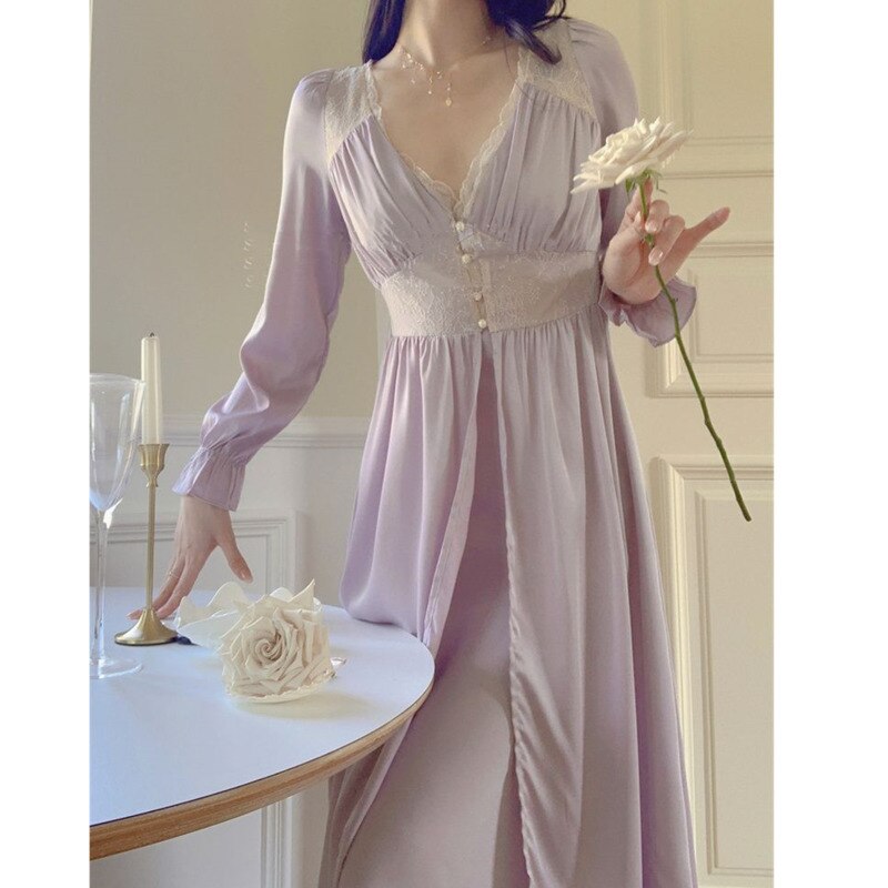 Spring Nightgowns Women Lace 2pcs Night Dress Sets Pajama Elegant Sleeping Night Vintage Sexy Dresses Fairy Womens Home Clothing