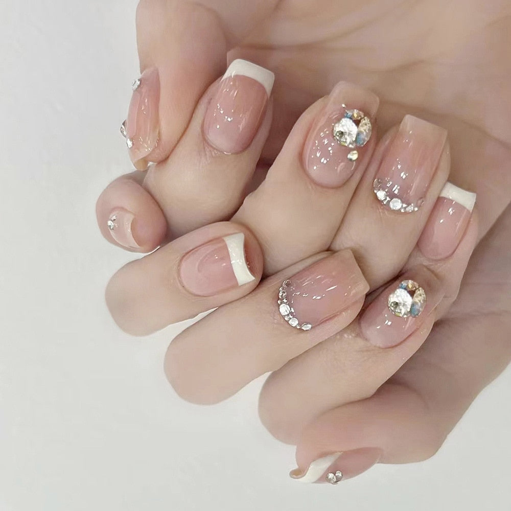 24pcs removeable short fake nails with glue Nude Pink artificial false nails with diamond designs acrylic press on nails