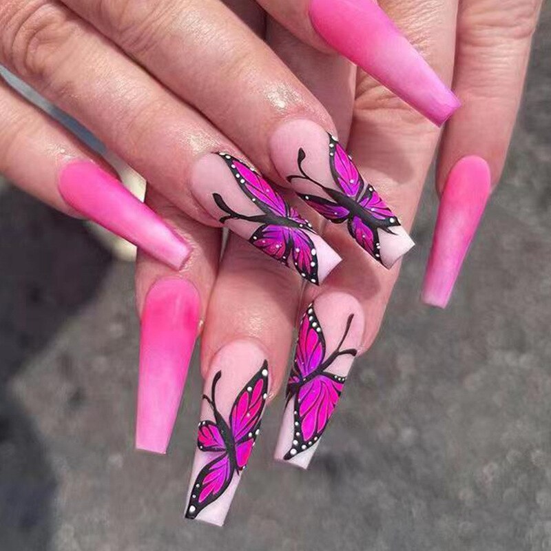 24Pcs Long Ballet False Nails with Butterfly Design Wearable Coffin Fake Nails Detachable Press on Nails Full Cover Nail Tips