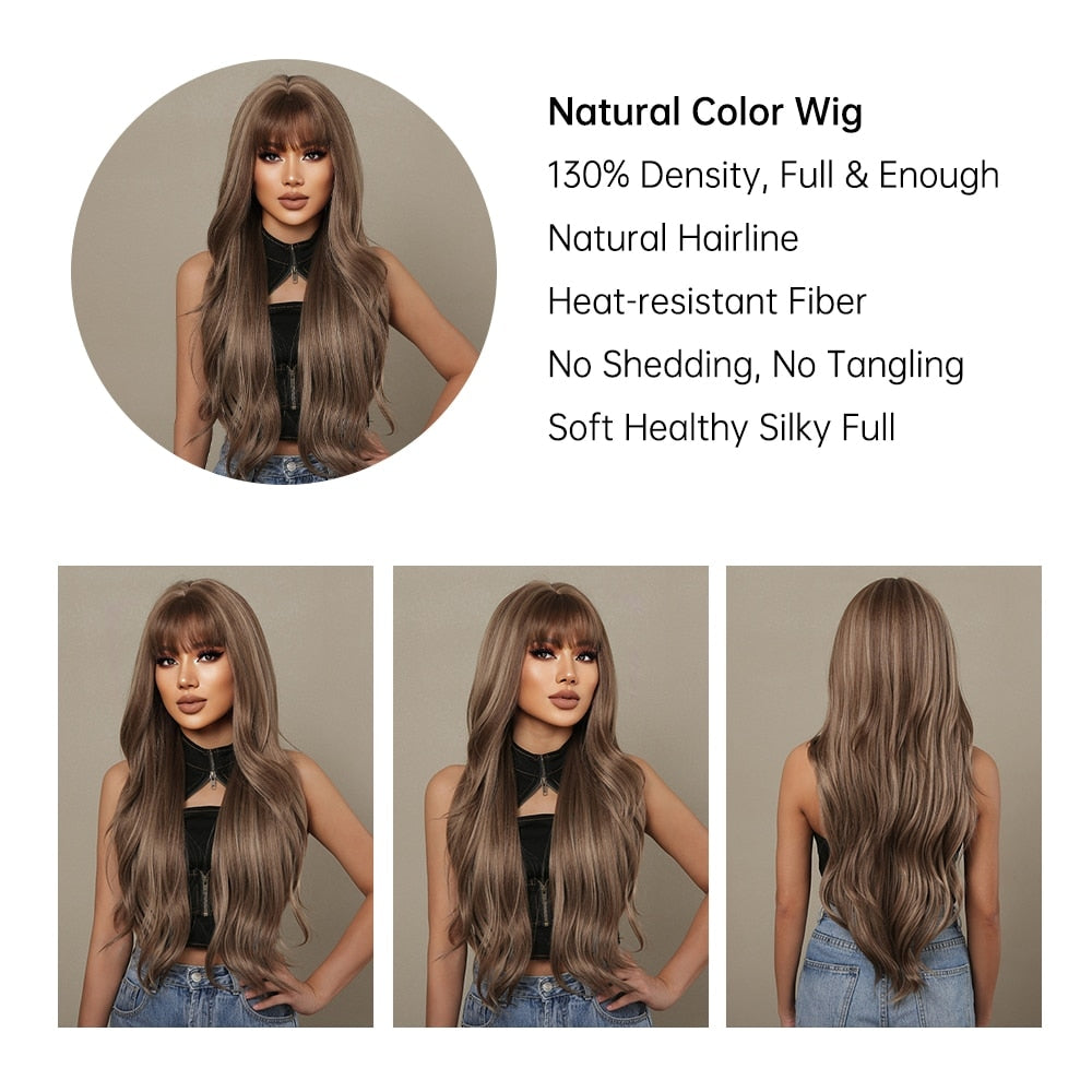 Brown Mixed Blonde Synthetic Wigs with Bang Long Natural Wavy Hair Wig for Women Daily Cosplay Use Heat Resistant