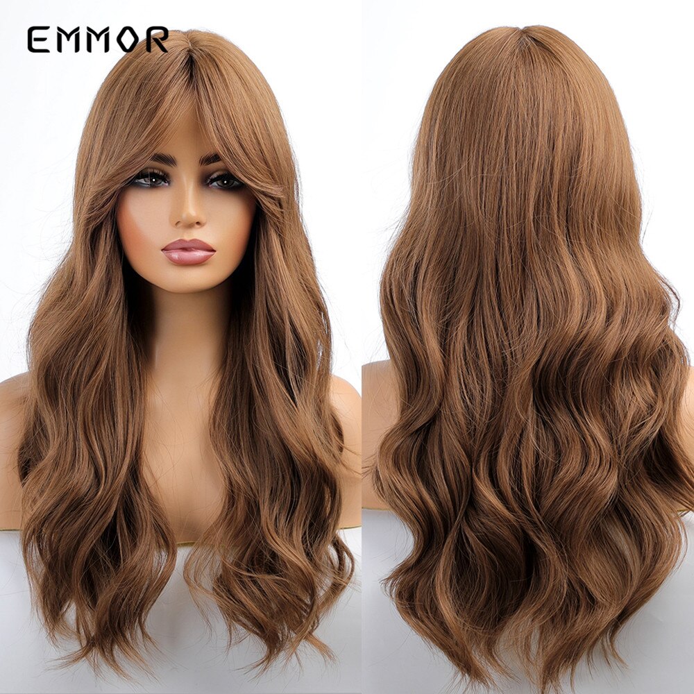 Synthetic Long Wavy Wigs with Bangs for Women Cosplay Natural Ombre Black to Pink Hair Wig High Temperature Fiber