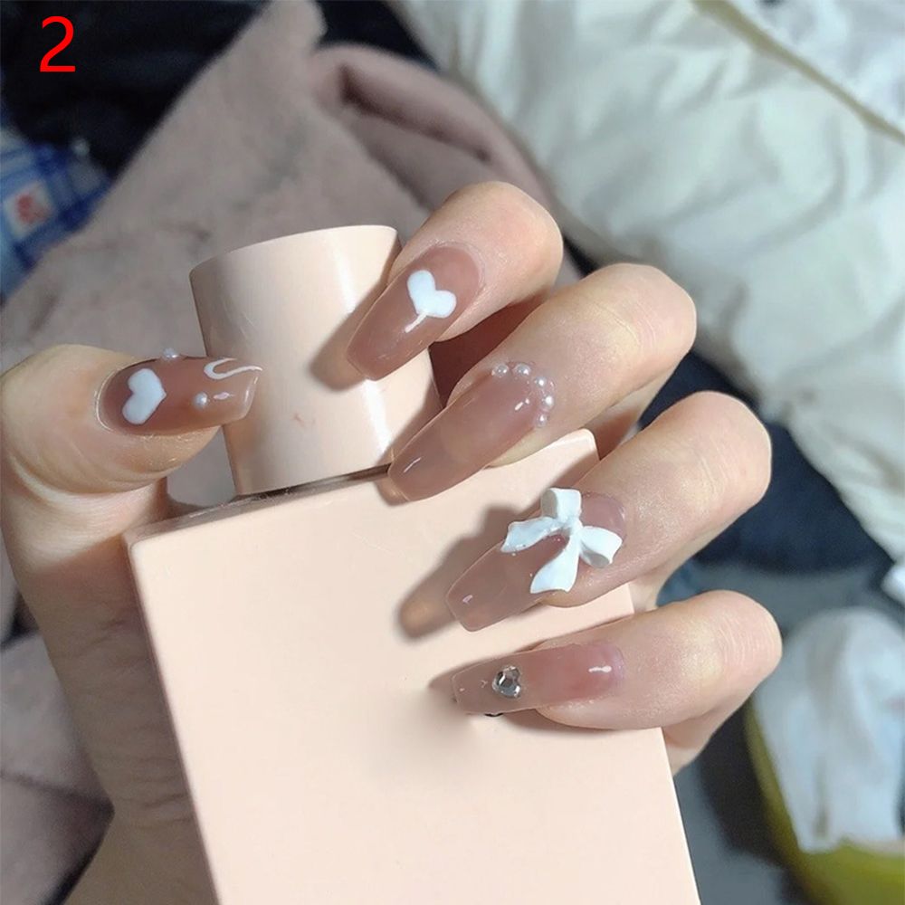 24Pcs French Coffin Pearl Bow False Nails Artificial Ballerina Fake Nails Full Cover Nail Tips Press On Nails With Press Glue