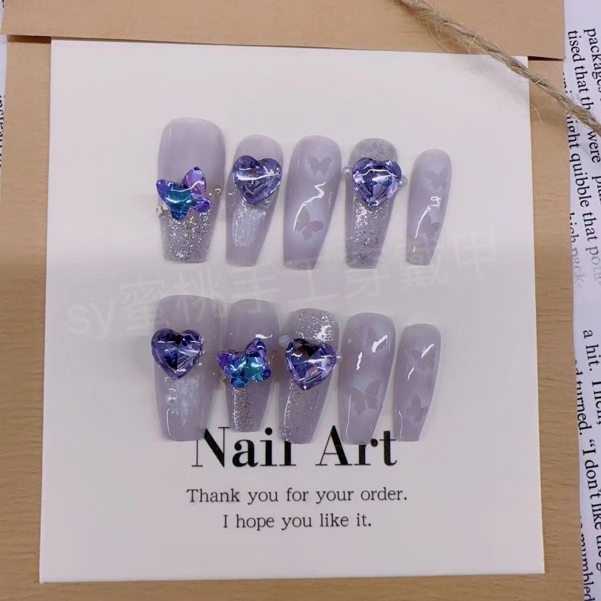 Blue Rhinestone French Style Long T False Nails Patch Finishe Nail Cat’s Eye Gradient Wearing Fake Nail Reused Nail Accessories