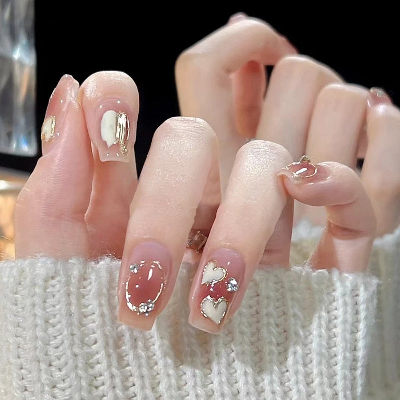 24pcs Bridal Nail Art tips with design press on nails long false nails glue coffin nail tips Rhinestones Glitter stick on nails