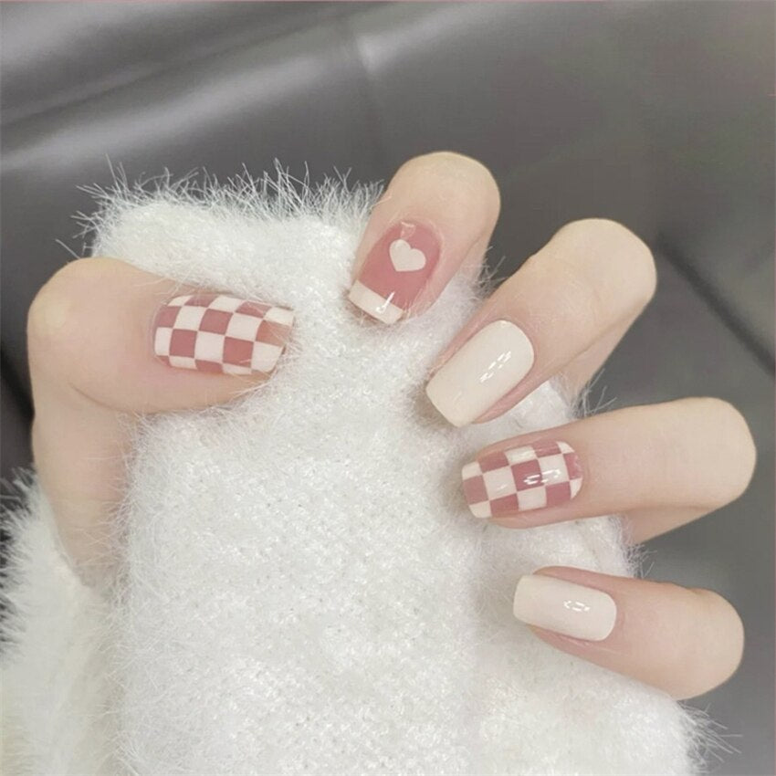 24PCS Khaki Nude Press On False Nails Tips Long Ballerina Pure Color Acrylic Fake Nails Coffin Full Cover Nail With Glue Designs