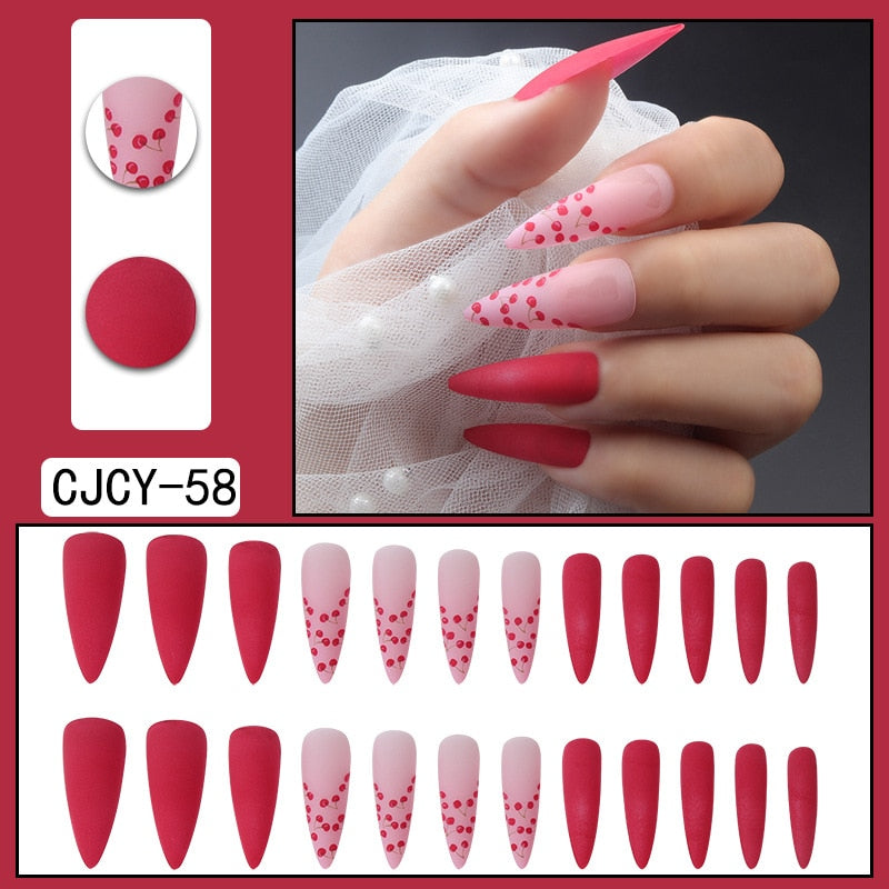 24pcs Long Stiletto False Nails Flower Tree Wearable French Fake Nails Press On Nails Leopard print Design Manicure Tips