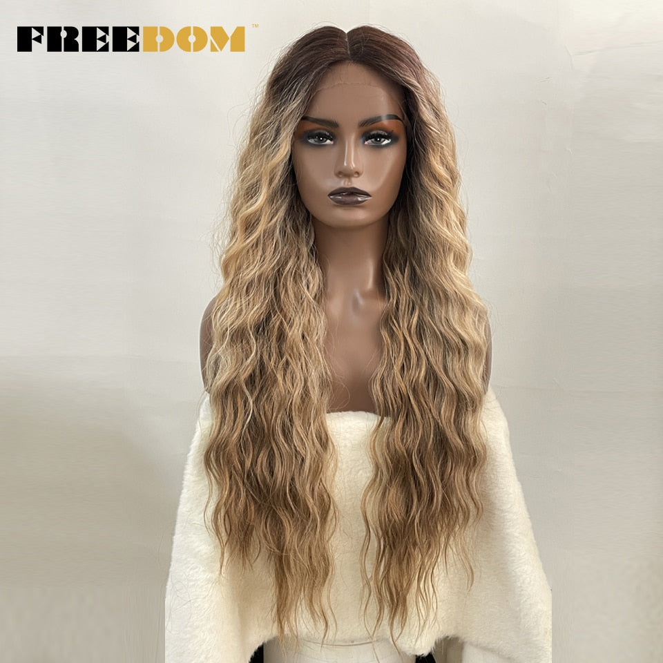 Synthetic Lace Wig Long Deep Wavy Ombre Blonde Ginger Lace Wigs For Black Women Heat Resistant Cosplay Wigs