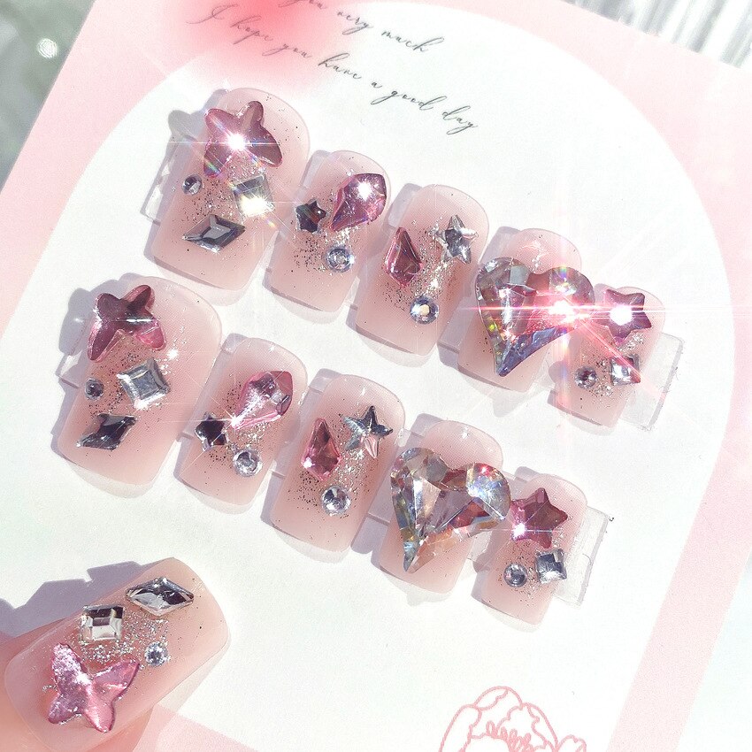 24Pcs/box Luxe Shining Rhinestone Wedding False Nails Transparent Glitter Gems Crown Designed Square Full Short nails Bride