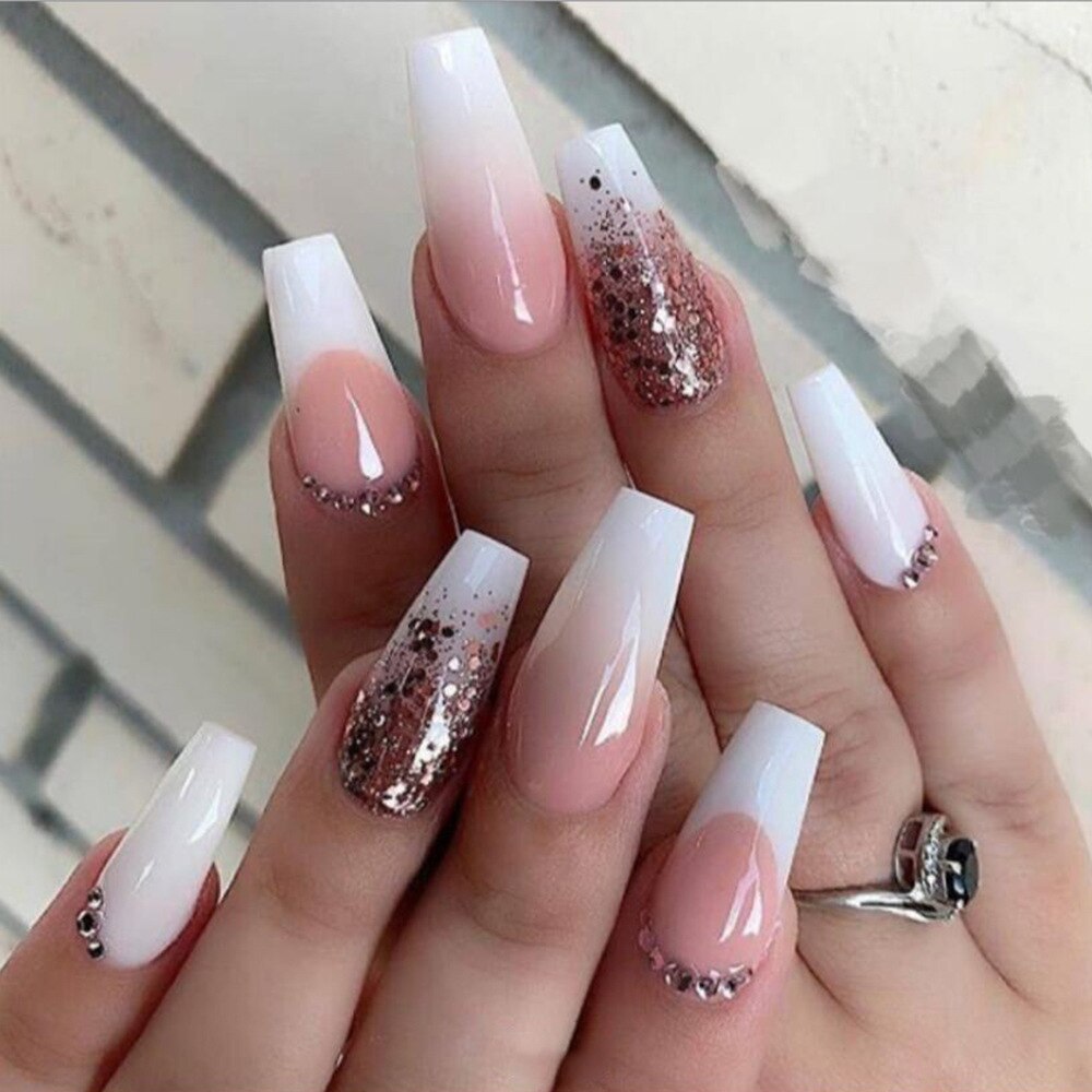 Fake Nails Square 24pcs White French With Rhinestones Artificial Ballerina Nails Manicure Nails Press On Nails False Nails