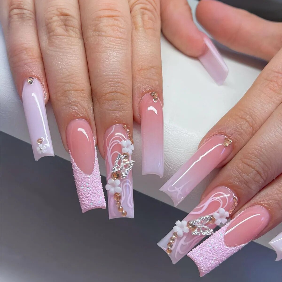 24Pcs Long Coffin White French False Nails Ballerina with Rhinestones Wearable Fake Nails Art Full Cover Press On Nails Tips