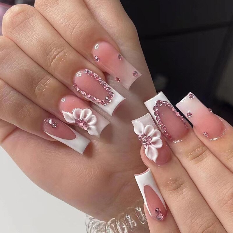 24Pcs Long French False Nails with Glue Pink Flower Design Fake Nails Wearable Ballerina Press on Nails Full Cover Manicure Tips