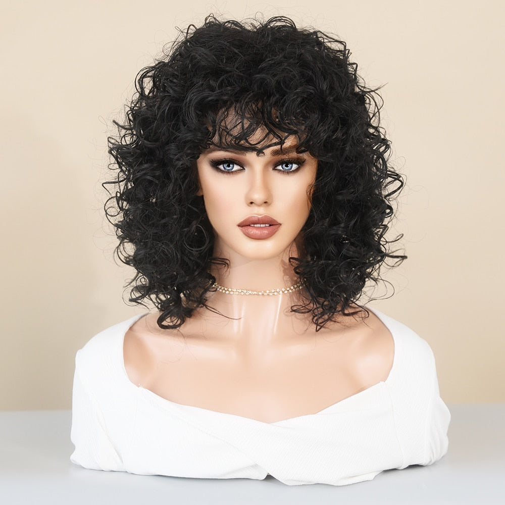 Natural Black Short Curly Hair Wig for Women Heat Resistant Synthetic Wig with Bangs Party Daily Use Afro Female Wig Hair